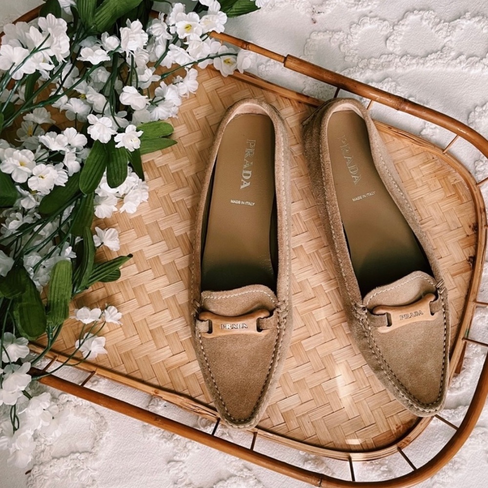 Prada tan point toe suede loafers